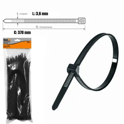 ABRACADEIRA DE NYLON 100PCS PRETA 3.6X370MM